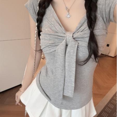 BY17268# 夏季新款韩版设计感蝴蝶结大V领修身显瘦T恤短款上衣女