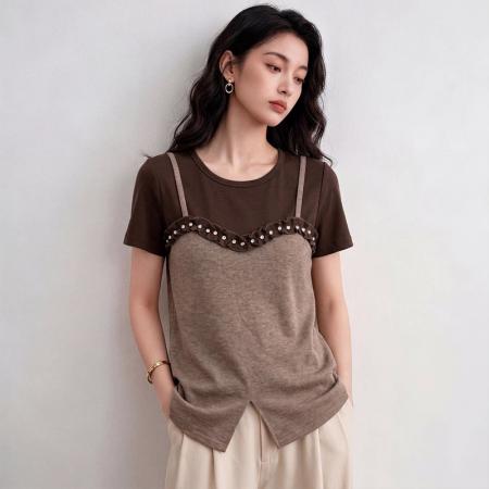 BY17271# 酷丝爽棉大码夏季新款假两件短袖百搭女显瘦上衣