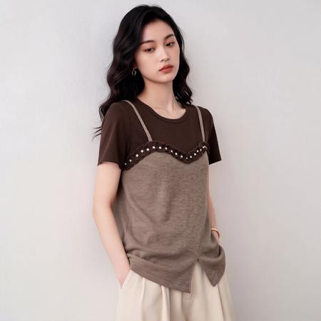 BY17271# 酷丝爽棉大码夏季新款假两件短袖百搭女显瘦上衣