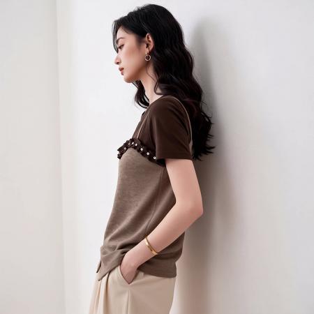 BY17271# 酷丝爽棉大码夏季新款假两件短袖百搭女显瘦上衣