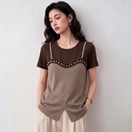 BY17271# 酷丝爽棉大码夏季新款假两件短袖百搭女显瘦上衣