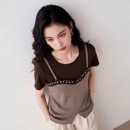 BY17271# 酷丝爽棉大码夏季新款假两件短袖百搭女显瘦上衣