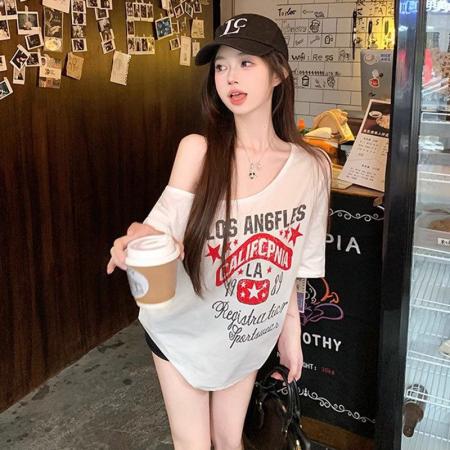 BY17272# 棉美式辣妹斜肩字母印花短袖T恤女