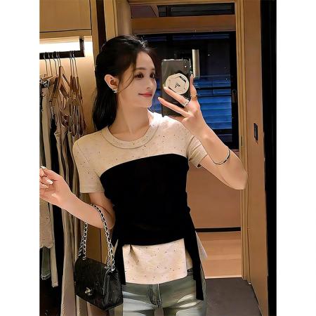 BY17273# 绵羊绒爽棉正肩短袖新款女装夏季拼接收腰上衣，
