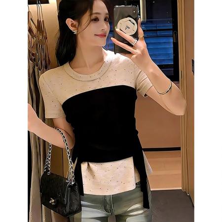 BY17273# 绵羊绒爽棉正肩短袖新款女装夏季拼接收腰上衣，