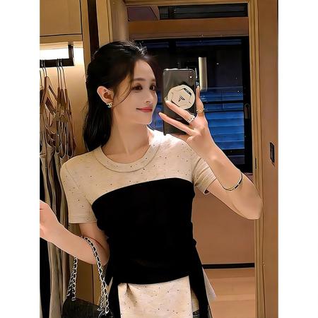 BY17273# 绵羊绒爽棉正肩短袖新款女装夏季拼接收腰上衣，