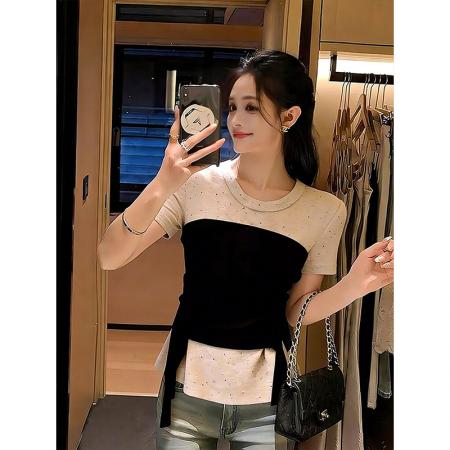 BY17273# 绵羊绒爽棉正肩短袖新款女装夏季拼接收腰上衣，