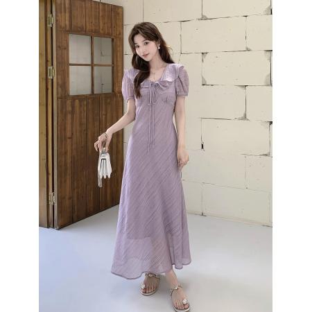 BY17275# 夏季温柔荷叶边V领泡泡袖连衣裙大码胖mm气质系带收腰肌理感长裙