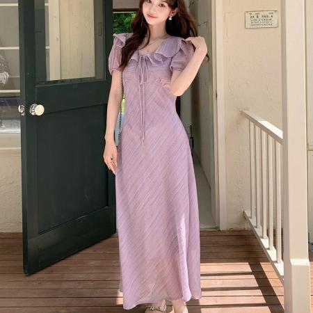 BY17275# 夏季温柔荷叶边V领泡泡袖连衣裙大码胖mm气质系带收腰肌理感长裙