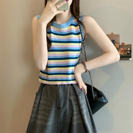 BY17278# 新版韩风设计感多巴胺彩虹条纹吊带针织衫