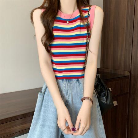 BY17278# 新版韩风设计感多巴胺彩虹条纹吊带针织衫