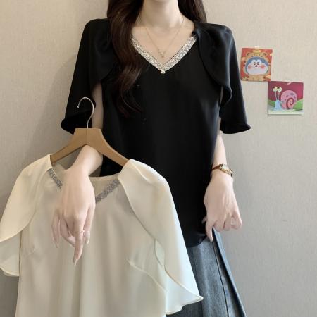 BY17279# 法式设计感镶钻V领短袖衬衫女夏季新款胖mm气质显瘦轻奢上衣