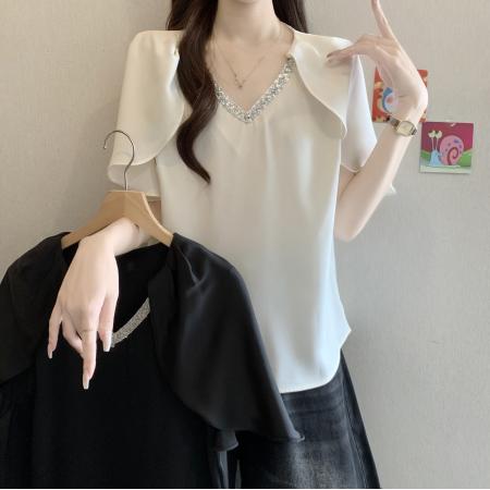 BY17279# 法式设计感镶钻V领短袖衬衫女夏季新款胖mm气质显瘦轻奢上衣