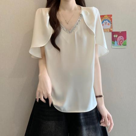 BY17279# 法式设计感镶钻V领短袖衬衫女夏季新款胖mm气质显瘦轻奢上衣