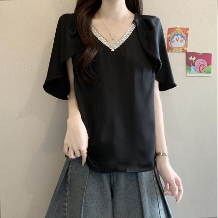 BY17279# 法式设计感镶钻V领短袖衬衫女夏季新款胖mm气质显瘦轻奢上衣