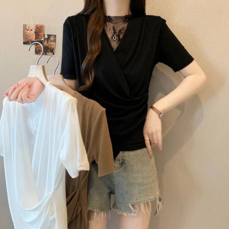 BY17280# 大码胖MM夏季新款法式蕾丝拼接V领收腰短袖正肩上衣