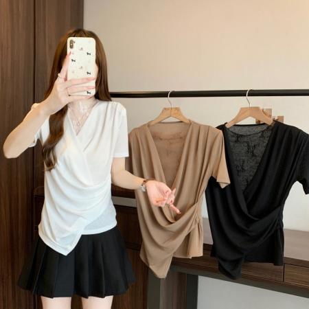 BY17280# 大码胖MM夏季新款法式蕾丝拼接V领收腰短袖正肩上衣