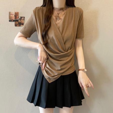 BY17280# 大码胖MM夏季新款法式蕾丝拼接V领收腰短袖正肩上衣