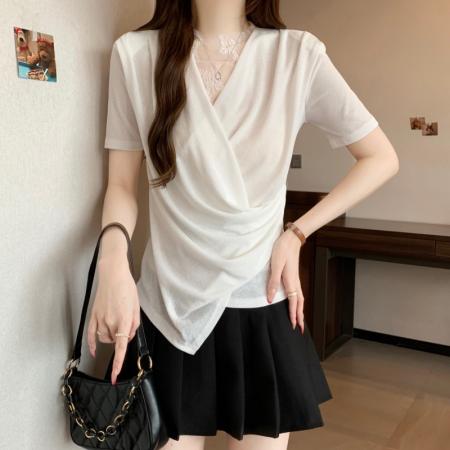 BY17280# 大码胖MM夏季新款法式蕾丝拼接V领收腰短袖正肩上衣