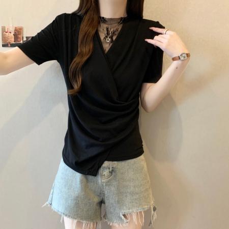 BY17280# 大码胖MM夏季新款法式蕾丝拼接V领收腰短袖正肩上衣