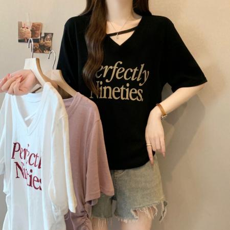 BY17281# 大码胖MM夏季新款设计感V领字母印花抽摺正肩短袖上衣T恤