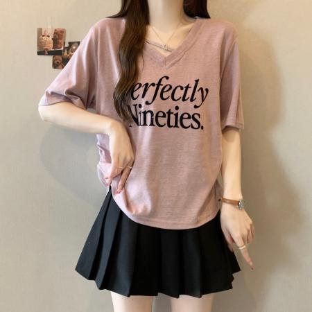 BY17281# 大码胖MM夏季新款设计感V领字母印花抽摺正肩短袖上衣T恤