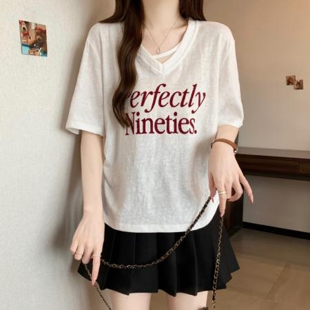 BY17281# 大码胖MM夏季新款设计感V领字母印花抽摺正肩短袖上衣T恤