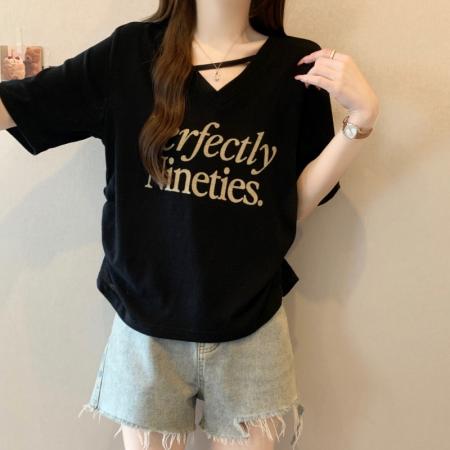 BY17281# 大码胖MM夏季新款设计感V领字母印花抽摺正肩短袖上衣T恤