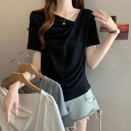 BY17282# 大码胖MM夏季新款设计感斜方领抽摺收腰短袖正肩上衣T恤
