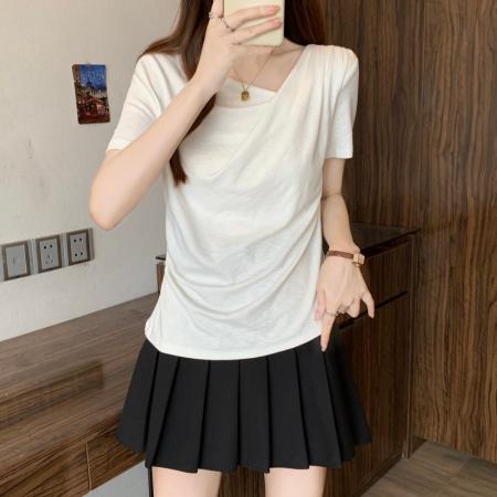 BY17282# 大码胖MM夏季新款设计感斜方领抽摺收腰短袖正肩上衣T恤