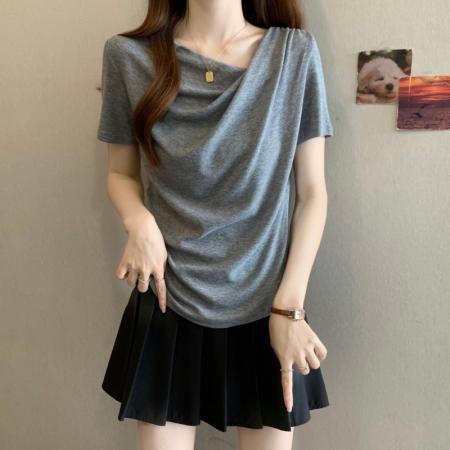 BY17282# 大码胖MM夏季新款设计感斜方领抽摺收腰短袖正肩上衣T恤