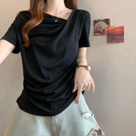 BY17282# 大码胖MM夏季新款设计感斜方领抽摺收腰短袖正肩上衣T恤