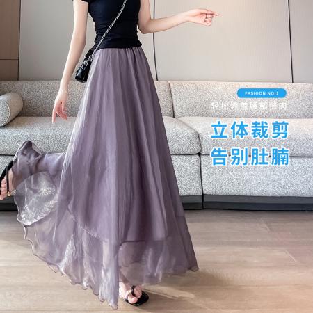 BY17283# 法式晕染流光纱长裙女夏季新款宽松显瘦半身裙垂坠感百褶a字