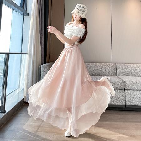 BY17283# 法式晕染流光纱长裙女夏季新款宽松显瘦半身裙垂坠感百褶a字