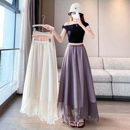 BY17283# 法式晕染流光纱长裙女夏季新款宽松显瘦半身裙垂坠感百褶a字