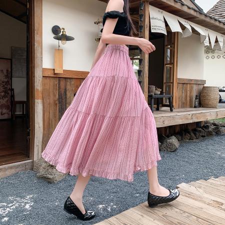 BY17284# 荷叶边条纹波点半身裙女夏季中长款A字蛋糕裙高腰雪纺百褶裙