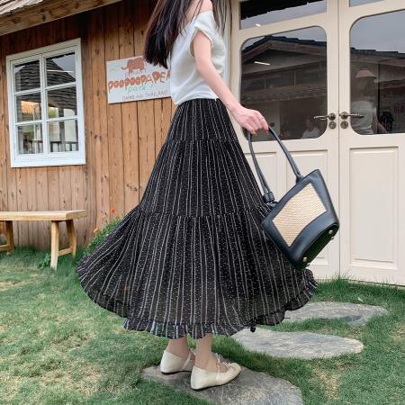 BY17284# 荷叶边条纹波点半身裙女夏季中长款A字蛋糕裙高腰雪纺百褶裙