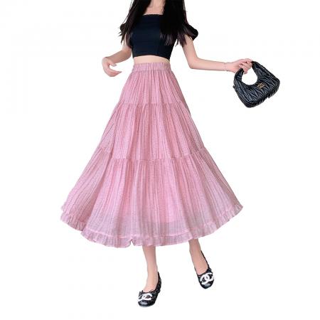 BY17284# 荷叶边条纹波点半身裙女夏季中长款A字蛋糕裙高腰雪纺百褶裙