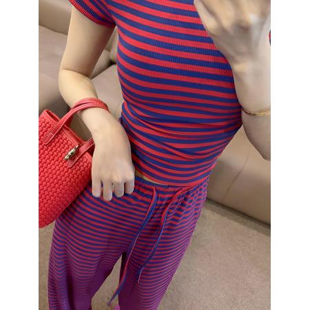 BY17286# 超火夏装一整套撞色条纹圆领短袖t恤上衣松紧腰阔腿裤两件套