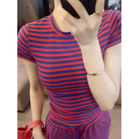 BY17286# 超火夏装一整套撞色条纹圆领短袖t恤上衣松紧腰阔腿裤两件套