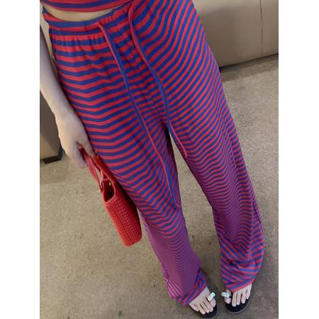 BY17286# 超火夏装一整套撞色条纹圆领短袖t恤上衣松紧腰阔腿裤两件套