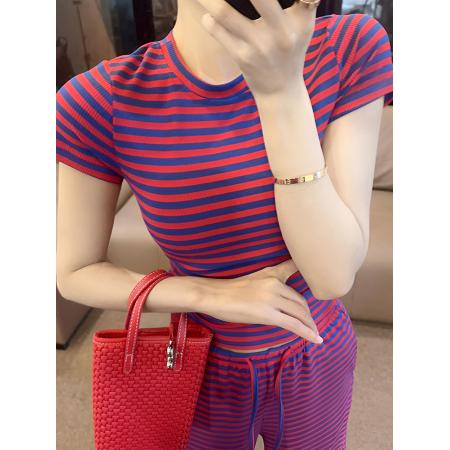 BY17286# 超火夏装一整套撞色条纹圆领短袖t恤上衣松紧腰阔腿裤两件套