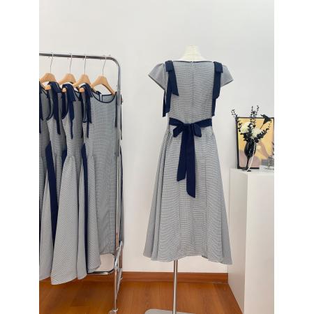 BY17287# 小八定制格影碟结蓝色巨好看的收腰气质高级感格子法式连衣裙