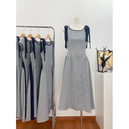 BY17287# 小八定制格影碟结蓝色巨好看的收腰气质高级感格子法式连衣裙