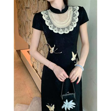 BY17288# 新中式复古改良镂空旗袍新款设计感小众缎面蝴蝶修身连衣裙子