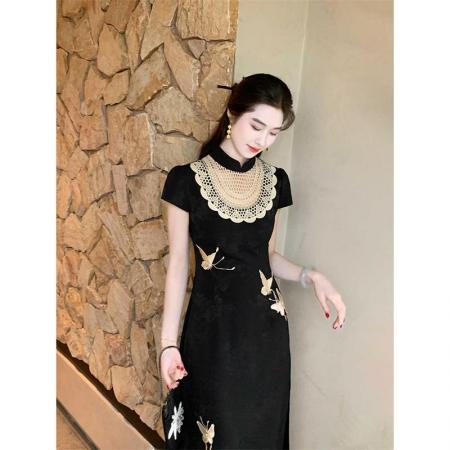 BY17288# 新中式复古改良镂空旗袍新款设计感小众缎面蝴蝶修身连衣裙子