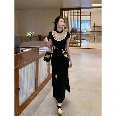 BY17288# 新中式复古改良镂空旗袍新款设计感小众缎面蝴蝶修身连衣裙子