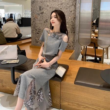 BY17289# 灰色法式露肩...