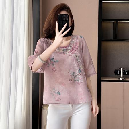 BY17290# 棉麻大码女装宽松显瘦T恤衫衬衫五分袖印花绣花时尚上衣夏季新款