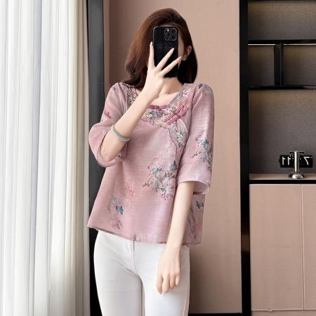 BY17290# 棉麻大码女装宽松显瘦T恤衫衬衫五分袖印花绣花时尚上衣夏季新款